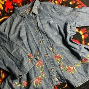 Bill Blass denim button-down shirt with floral embroidery